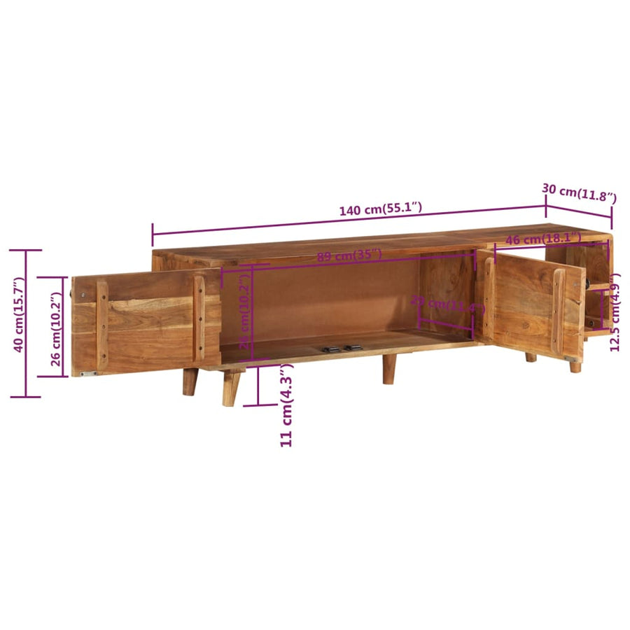 Tv-meubel 140x30x40 cm massief acaciahout met hongingafwerking
