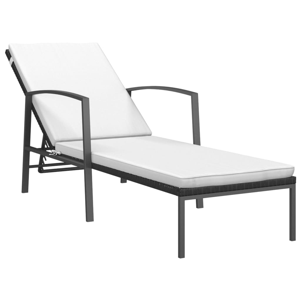 Ligbed met kussen poly rattan zwart