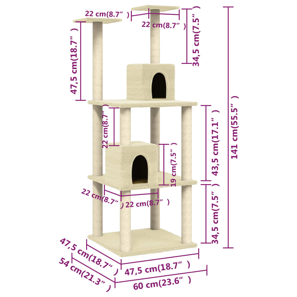 Kattenmeubel Met Sisal Krabpalen 141 Cm Kleurig Crème