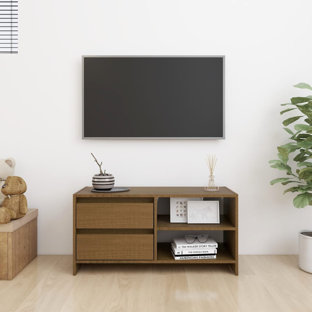 Tv-Meubel 80X3X39 Cm Massief Grenenhout Honingbruin
