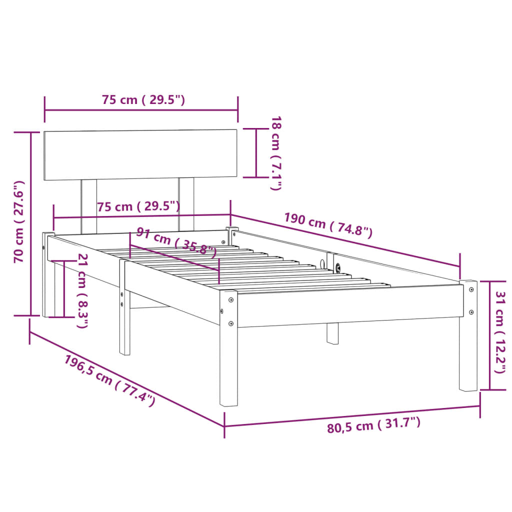 Bedframe Massief Grenenhout Uk Small Single 75 x 190 cm Wit