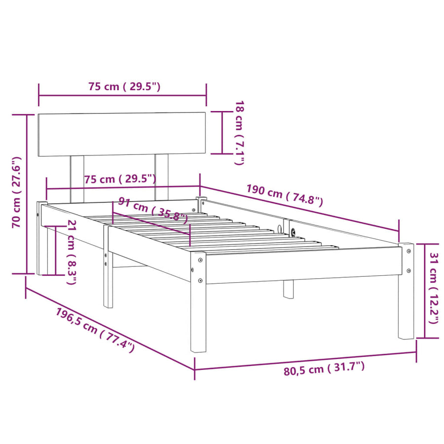 Bedframe Massief Grenenhout Uk Small Single 75 x 190 cm Wit