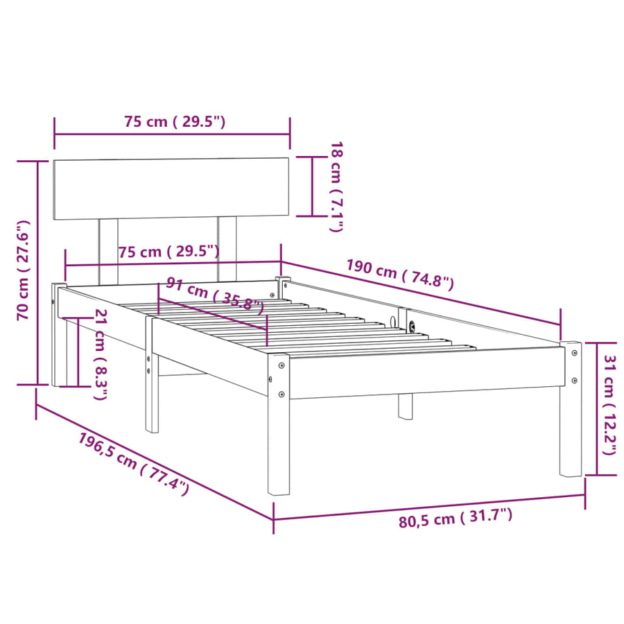 Bedframe Massief Grenenhout Uk Small Single 75 x 190 cm Zwart