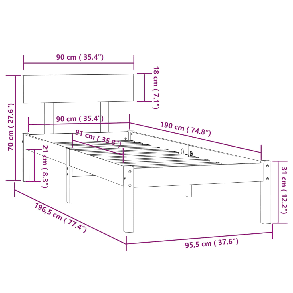 Bedframe Massief Grenenhout Uk Single 90 x 190 cm Wit