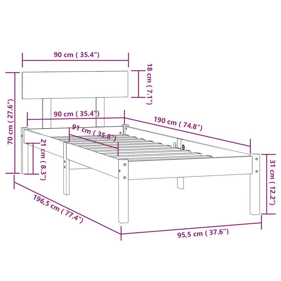 Bedframe Massief Grenenhout Uk Single 90 x 190 cm Honingbruin