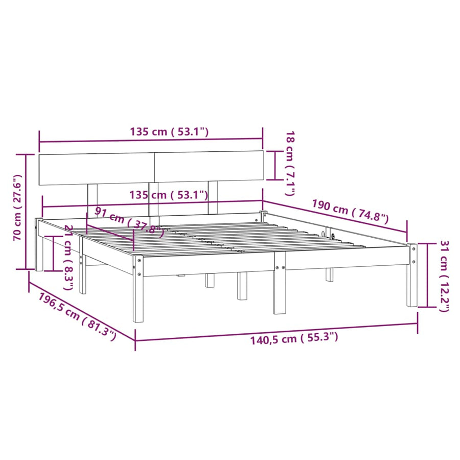 Bedframe Massief Grenenhout Uk Double 135 x 190 cm Wit