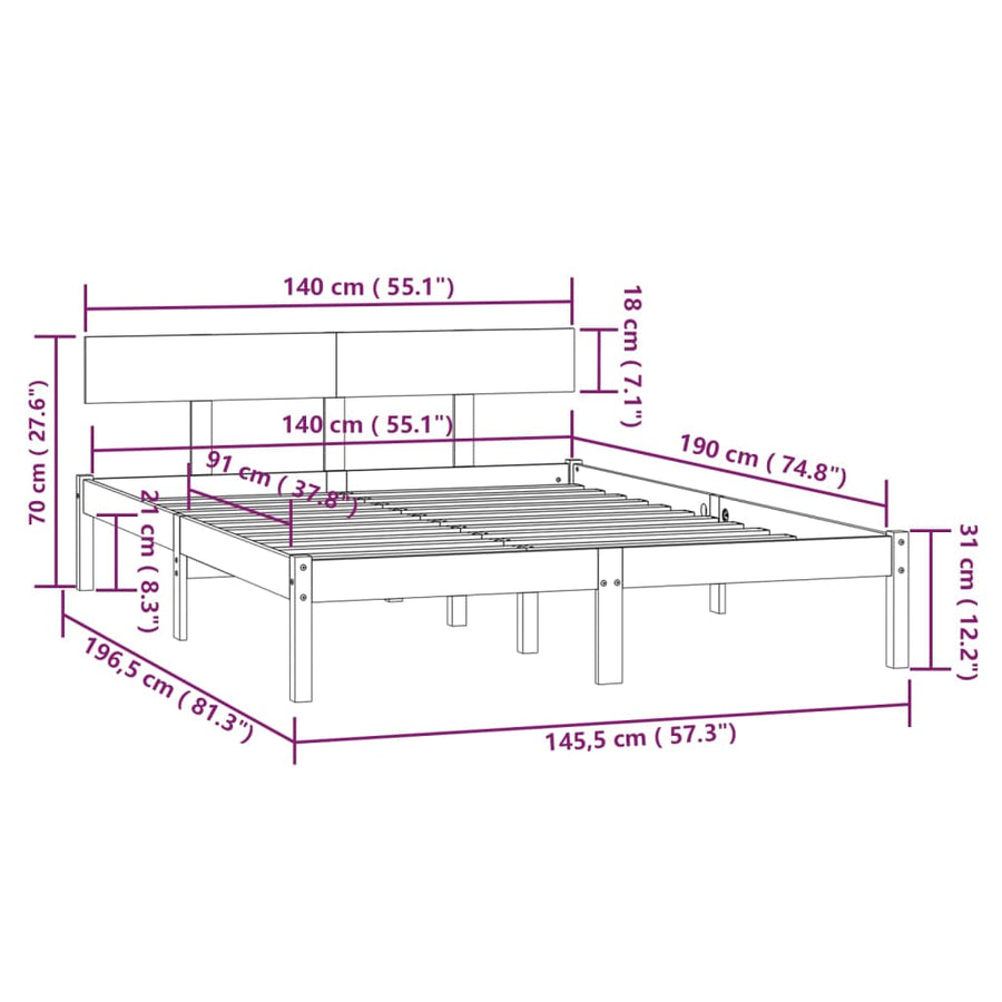Bedframe Massief Grenenhout 140 x 190 cm Zwart