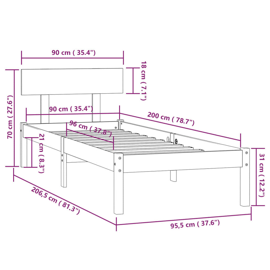 Bedframe Massief Grenenhout 90 x 200 cm Naturel