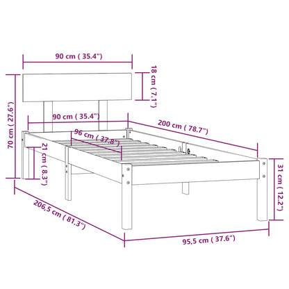 Bedframe Massief Grenenhout 90 x 200 cm Zwart