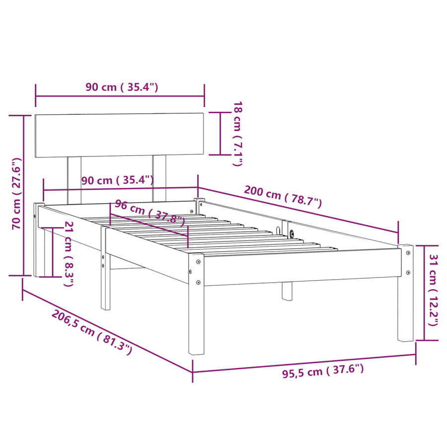 Bedframe Massief Grenenhout 90 x 200 cm Zwart