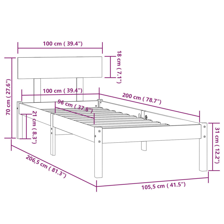 Bedframe Massief Grenenhout 100 x 200 cm Wit
