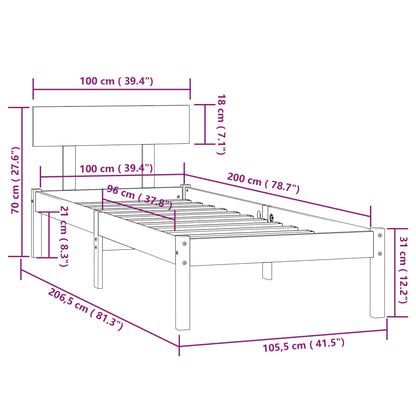 Bedframe Massief Grenenhout 100 x 200 cm Zwart