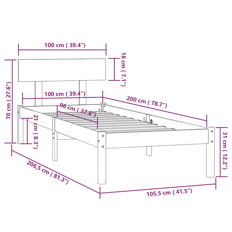 Bedframe Massief Grenenhout 100 x 200 cm Zwart