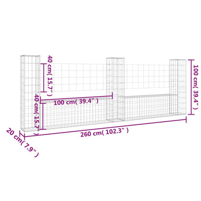 Schanskorf U-vormig met 3 palen 260x20x100 cm ijzer 260 x 20 x 100 cm