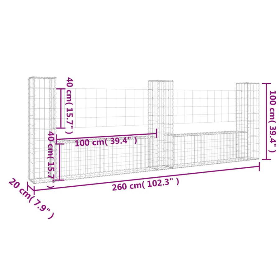 Schanskorf U-vormig met 3 palen 260x20x100 cm ijzer 260 x 20 x 100 cm