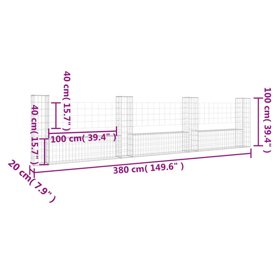Schanskorf U-vormig met 4 palen 380x20x100 cm ijzer 380 x 20 x 100 cm