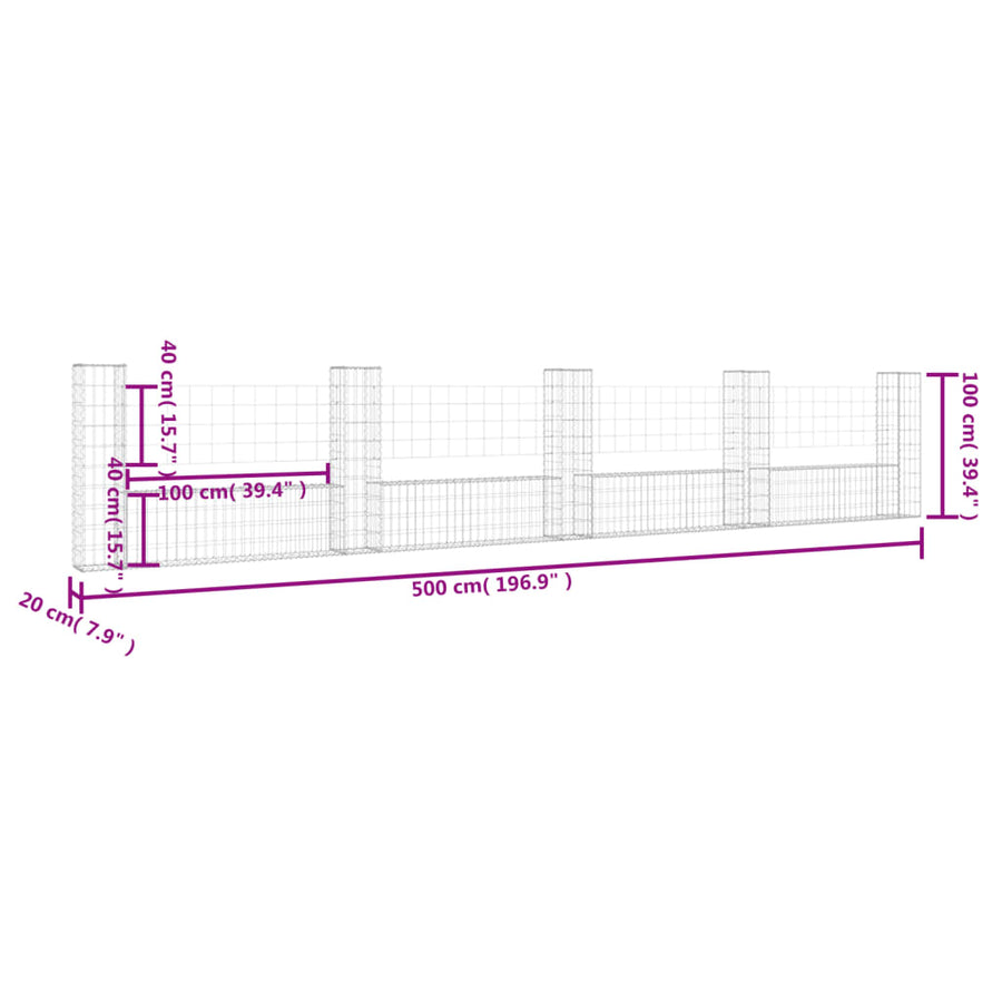 Schanskorf U-vormig met 5 palen 500x20x100 cm ijzer 500 x 20 x 100 cm