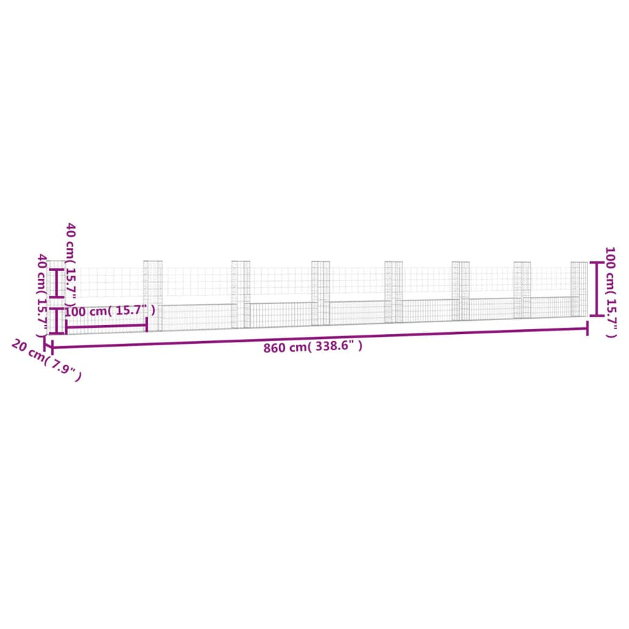 Schanskorf U-vormig met 8 palen 860x20x100 cm ijzer 860 x 20 x 100 cm