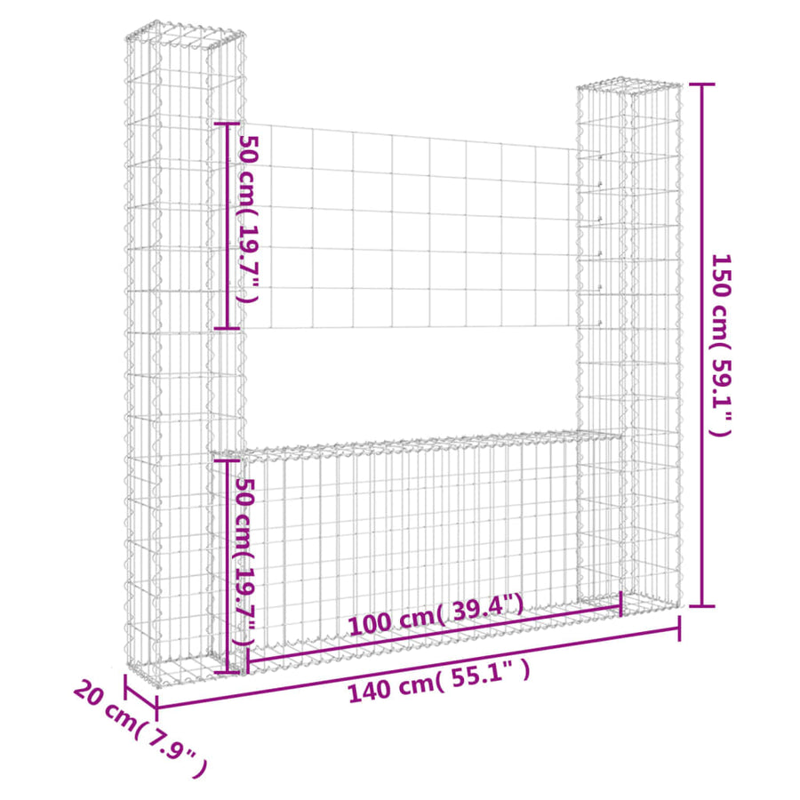 Schanskorf U-vormig met 2 palen 140x20x150 cm ijzer 140 x 20 x 150 cm