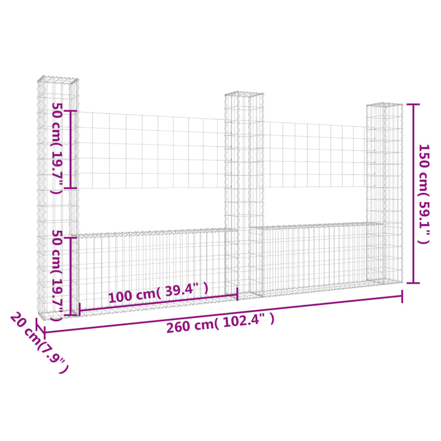 Schanskorf U-vormig met 3 palen 260x20x150 cm ijzer 260 x 20 x 150 cm