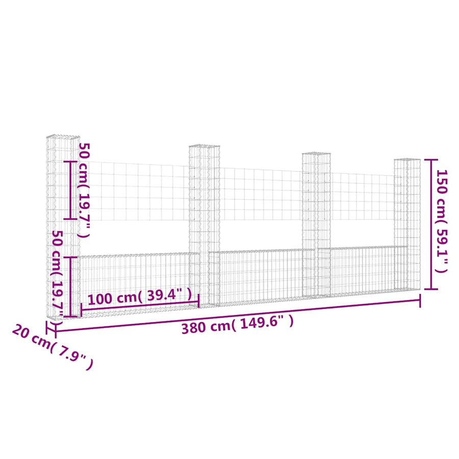 Schanskorf U-Vormig Met 4 Palen Ijzer 380 x 20 x 150 cm