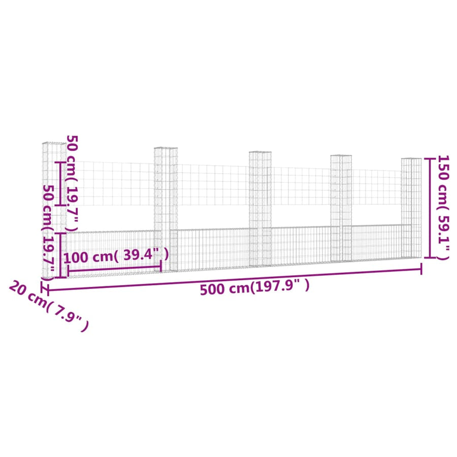 Schanskorf U-vormig met 5 palen 500x20x150 cm ijzer 500 x 20 x 150 cm