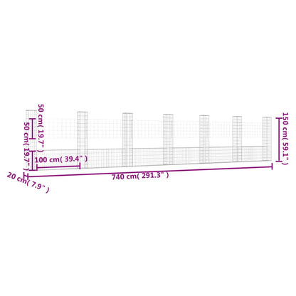 Schanskorf U-vormig met 7 palen 740x20x150 cm ijzer 740 x 20 x 150 cm