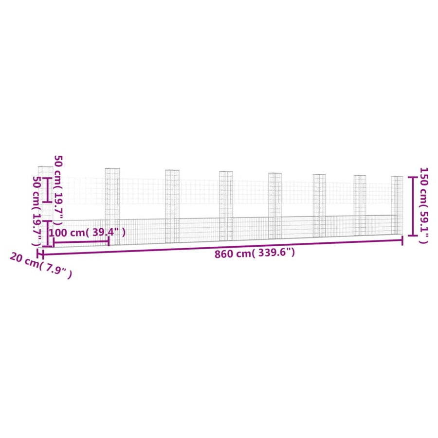 Schanskorf U-vormig met 8 palen 860x20x150 cm ijzer 860 x 20 x 150 cm
