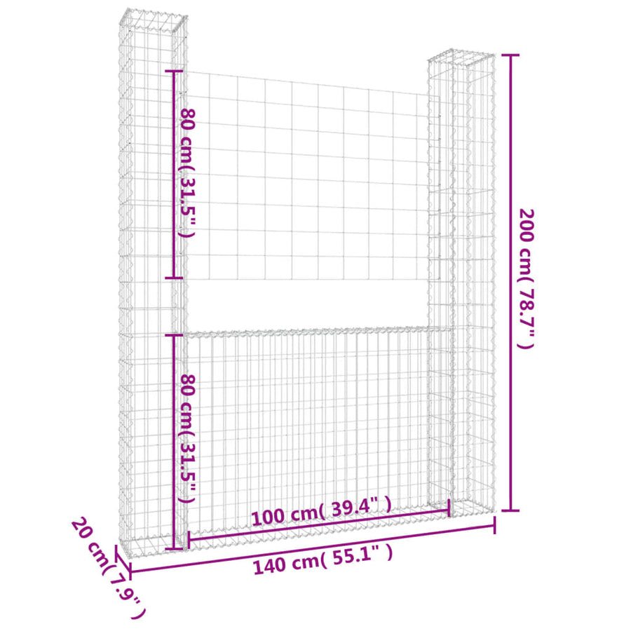 Schanskorf U-vormig met 2 palen 140x20x200 cm ijzer 140 x 20 x 200 cm