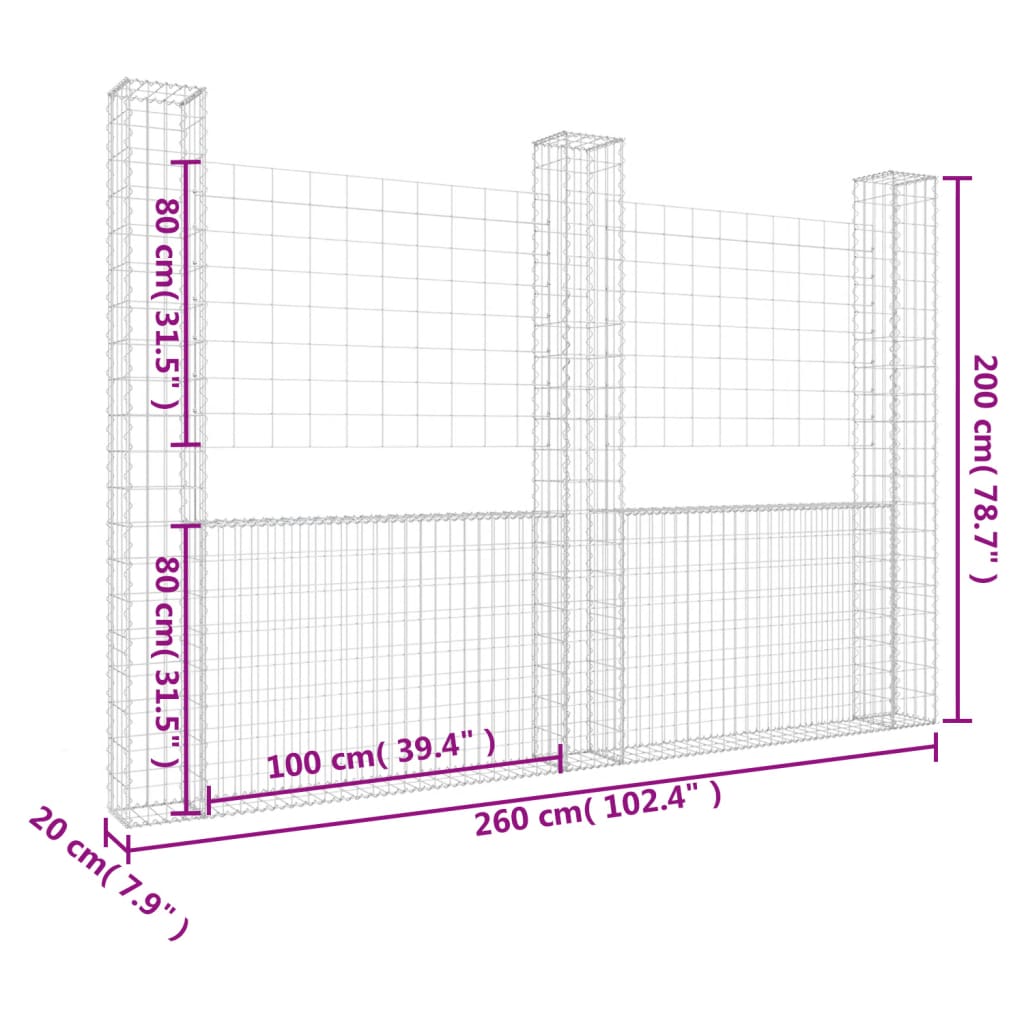 Schanskorf U-vormig met 3 palen 260x20x200 cm ijzer 260 x 20 x 200 cm