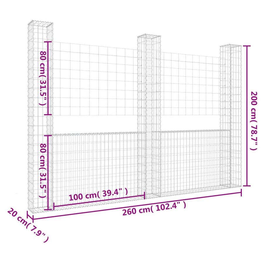 Schanskorf U-vormig met 3 palen 260x20x200 cm ijzer 260 x 20 x 200 cm
