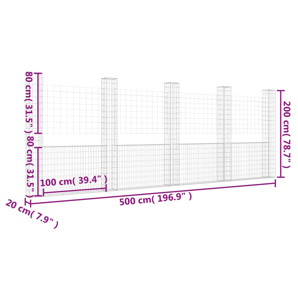 Schanskorf U-vormig met 5 palen 500x20x200 cm ijzer 500 x 20 x 200 cm