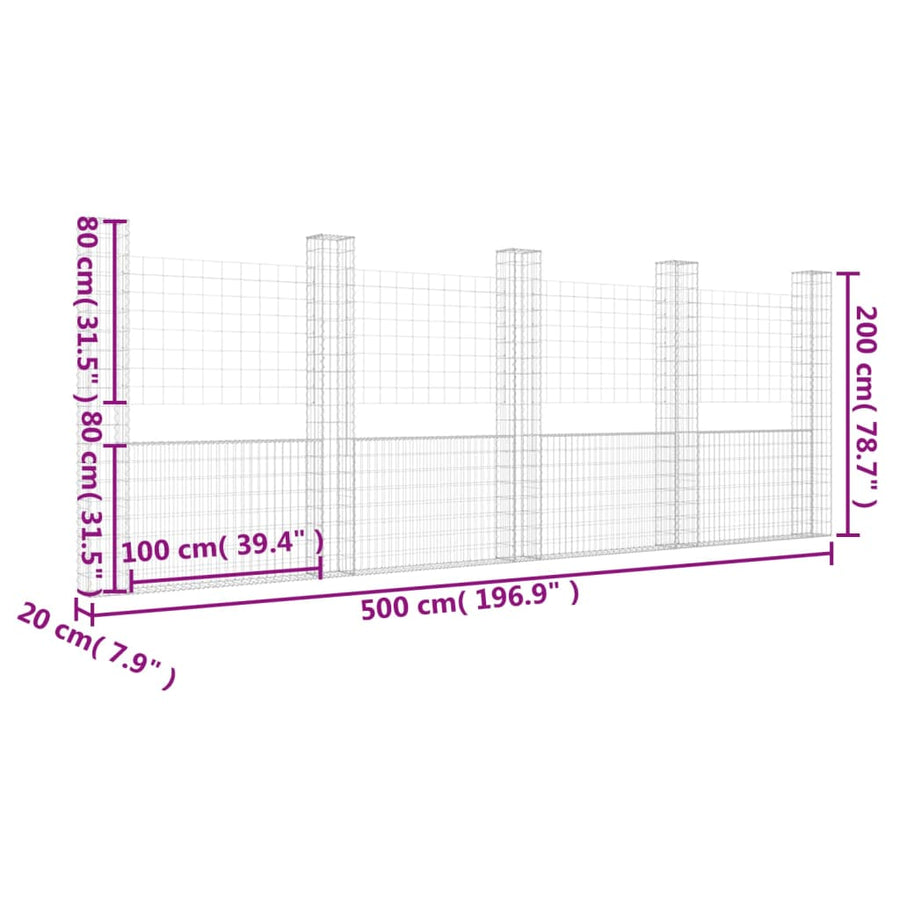 Schanskorf U-vormig met 5 palen 500x20x200 cm ijzer 500 x 20 x 200 cm