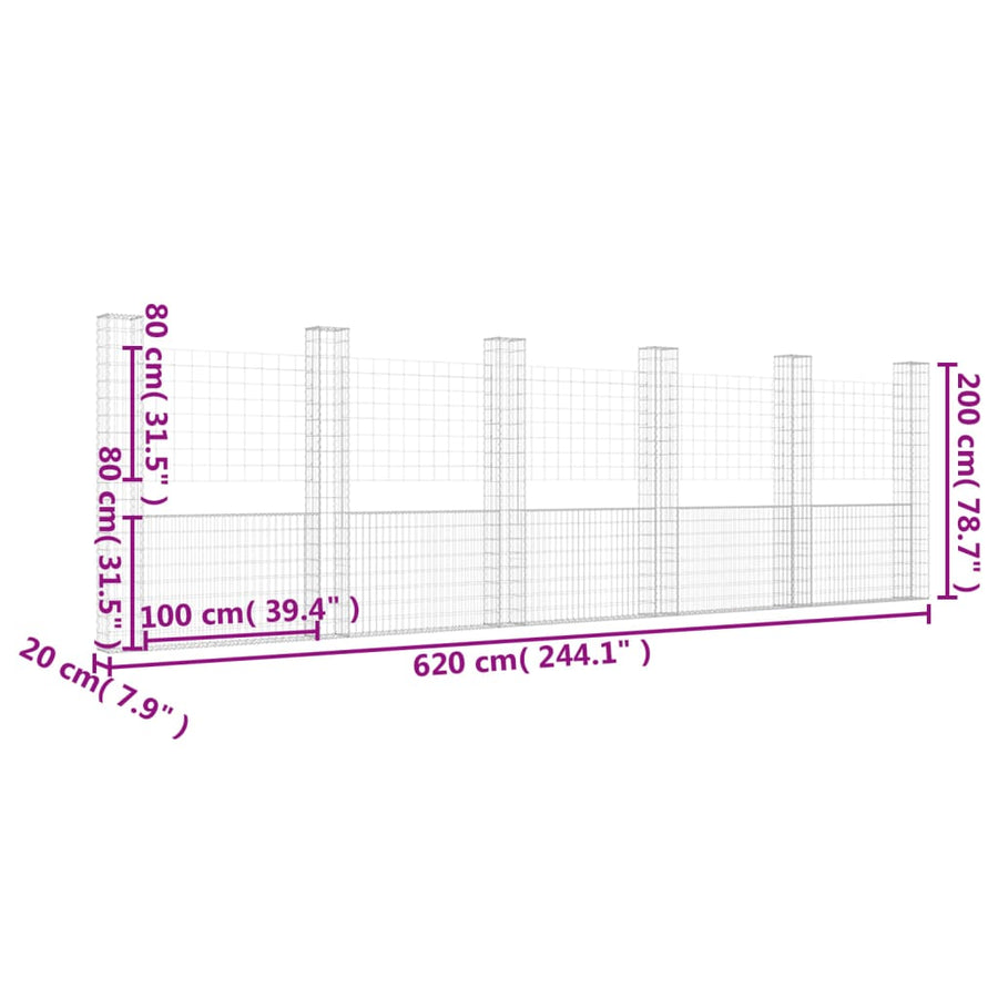 Schanskorf U-vormig met 6 palen 620x20x200 cm ijzer 620 x 20 x 200 cm
