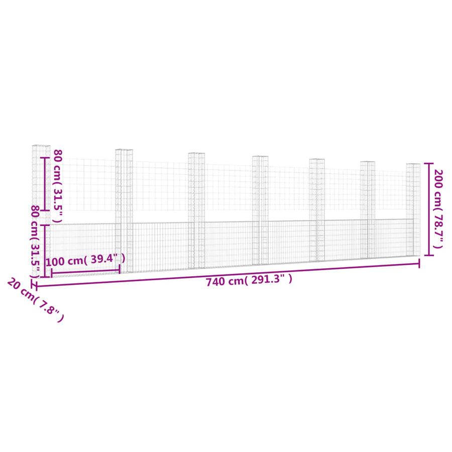 Schanskorf U-vormig met 7 palen 740x20x200 cm ijzer 740 x 20 x 200 cm