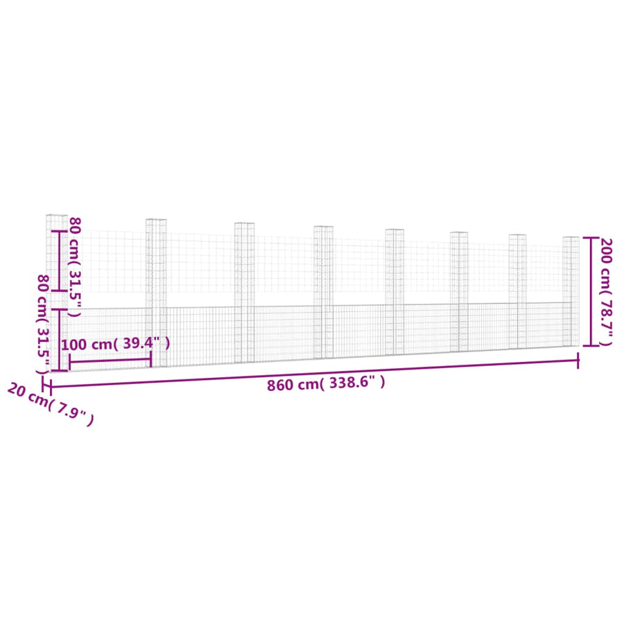 Schanskorf U-vormig met 8 palen 860x20x200 cm ijzer 860 x 20 x 200 cm