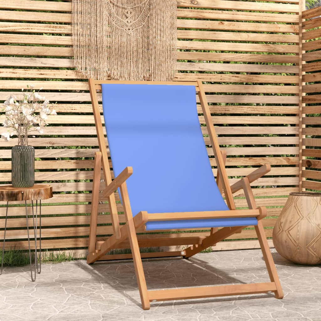 Strandstoel Inklapbaar Massief Teakhout Blauw Met armleuning