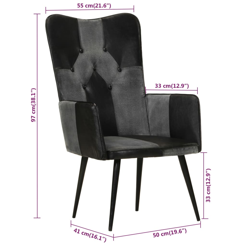 Fauteuil echt leer zwart en grijs Zwart en grijs Echt leer