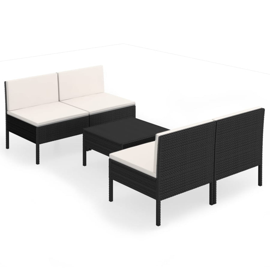 5-delige Loungeset met kussens poly rattan zwart