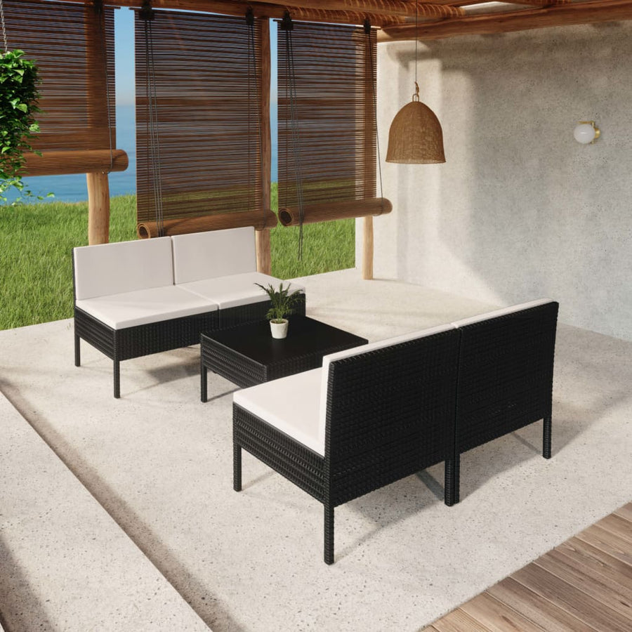 5-delige Loungeset met kussens poly rattan zwart