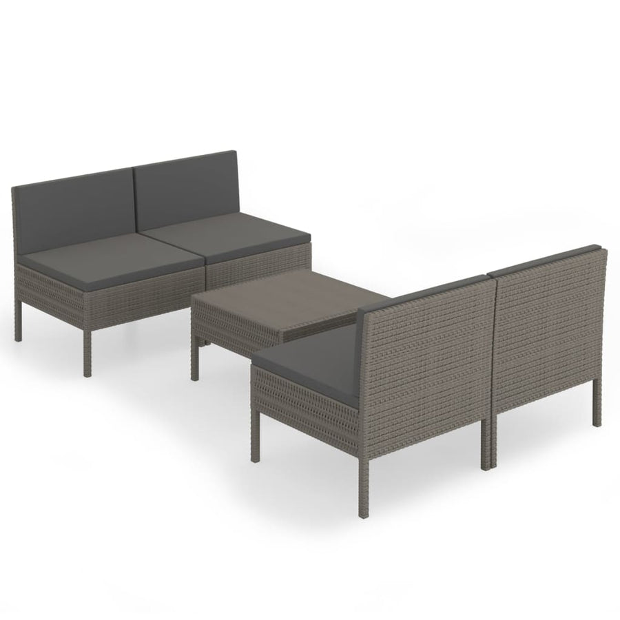 5-Delige Loungeset Met Kussens Poly Rattan Grijs 4x midden + Tafel
