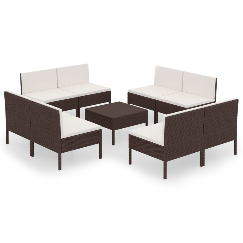 9-Delige Loungeset Met Kussens Poly Rattan Bruin 8x midden + Tafel
