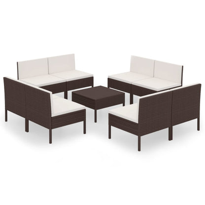 9-Delige Loungeset Met Kussens Poly Rattan Bruin 8x midden + Tafel