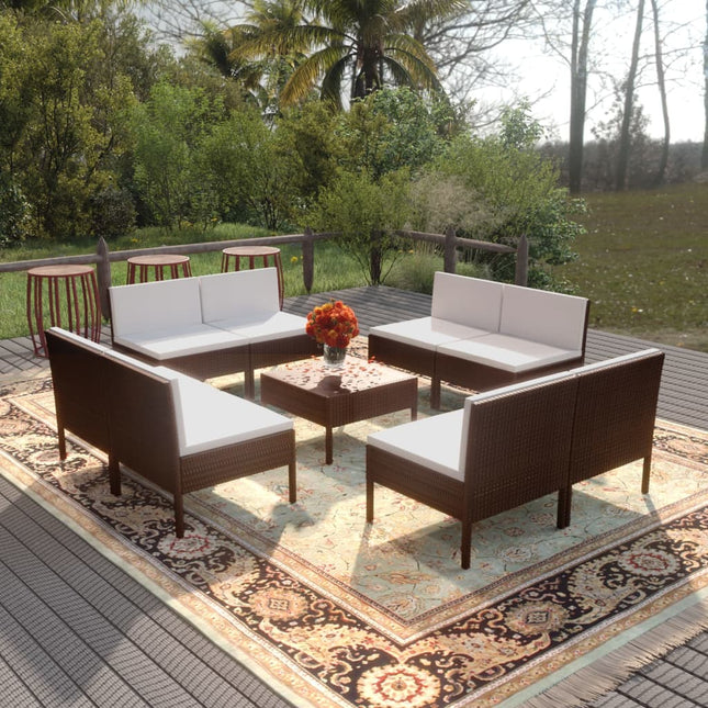 9-Delige Loungeset Met Kussens Poly Rattan Bruin 8x midden + Tafel