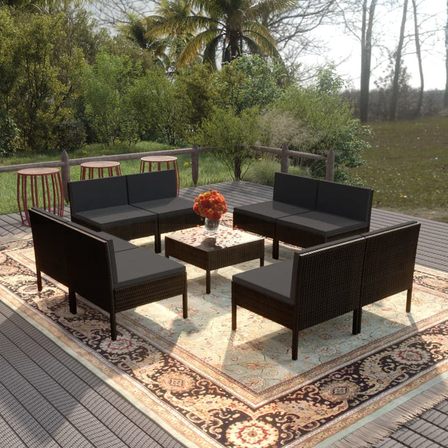 9-Delige Loungeset Met Kussens Poly Rattan Zwart 8x midden + Tafel