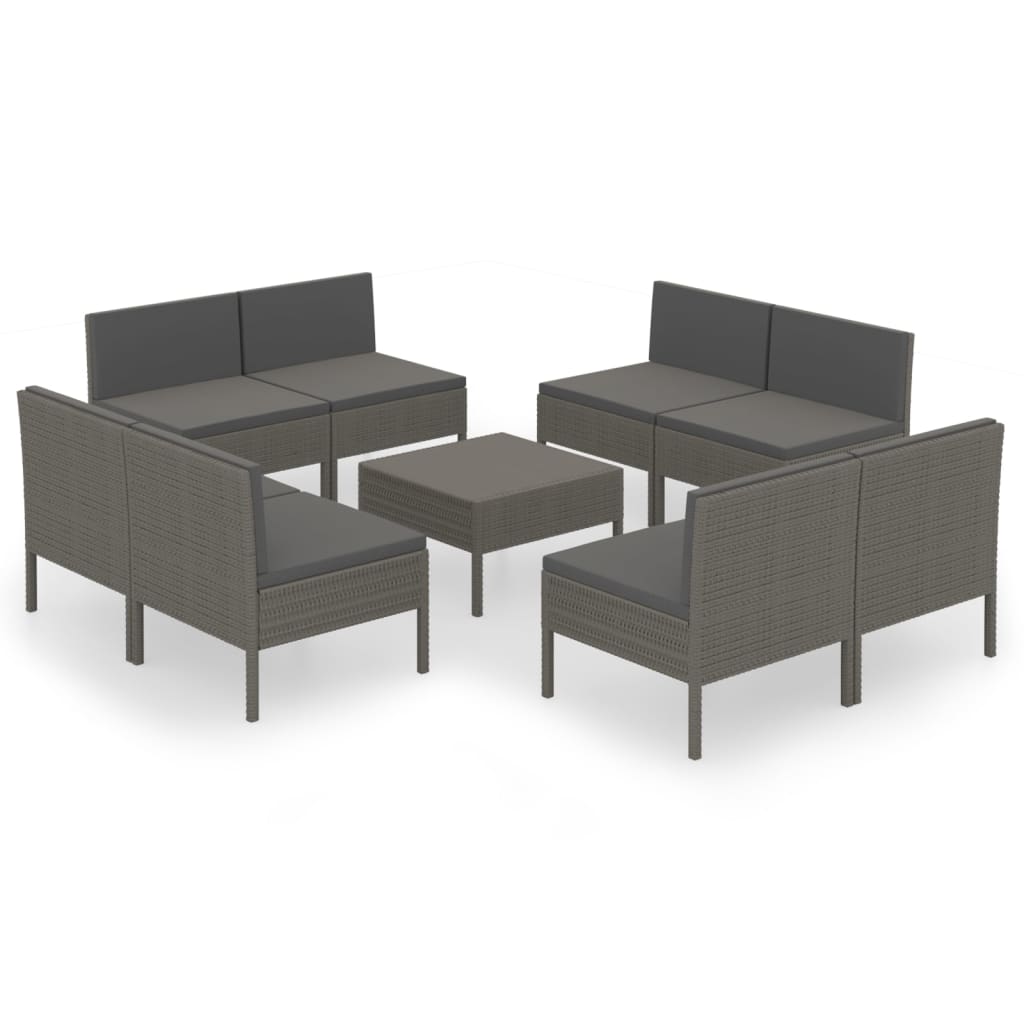 9-Delige Loungeset Met Kussens Poly Rattan Grijs 8x midden + Tafel