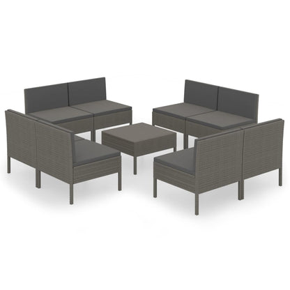 9-Delige Loungeset Met Kussens Poly Rattan Grijs 8x midden + Tafel