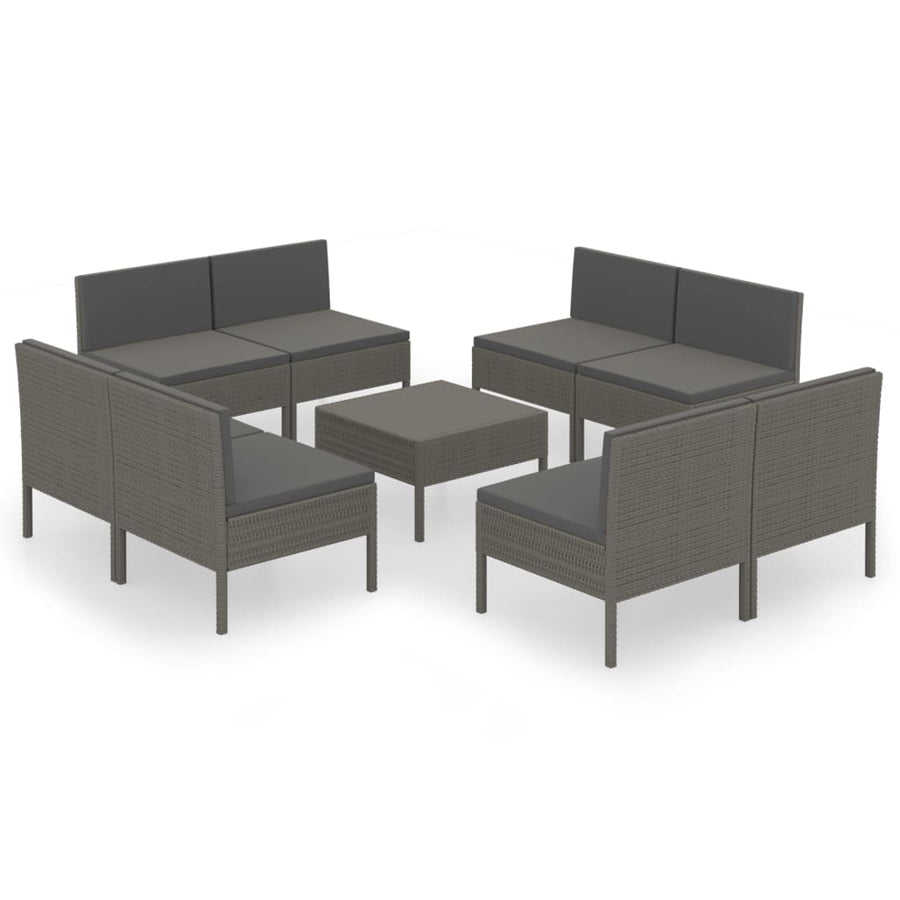 9-Delige Loungeset Met Kussens Poly Rattan Grijs 8x midden + Tafel