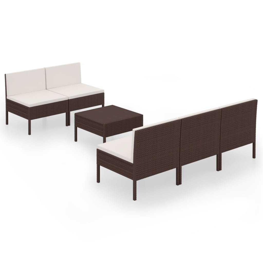 6-Delige Loungeset Met Kussens Poly Rattan Bruin 5x midden + Tafel