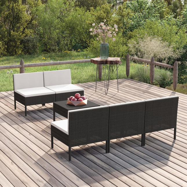 6-Delige Loungeset Met Kussens Poly Rattan Zwart 5x midden + Tafel